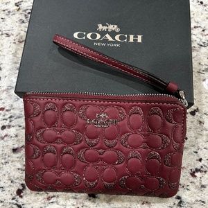 Coach Corner Zip Wristlet Wine Leather w/ Glitter in Gift Box